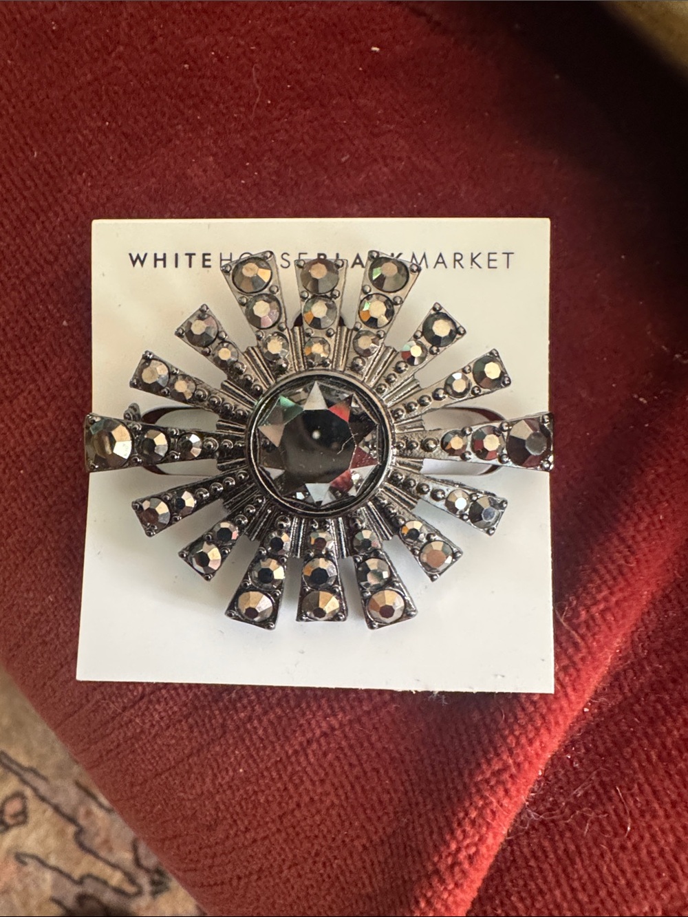 White House Black Market Gunmetal Sunburst Crystal Brooch